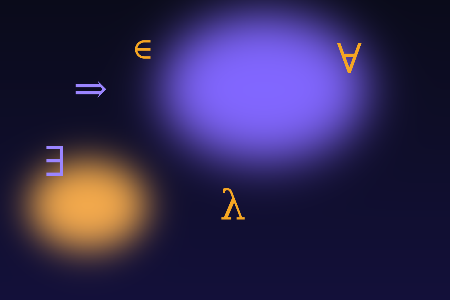 Mathematical symbols crystallizing from blurry English text into precise notation — a cosmic field of glowing formal logic symbols on a deep indigo background